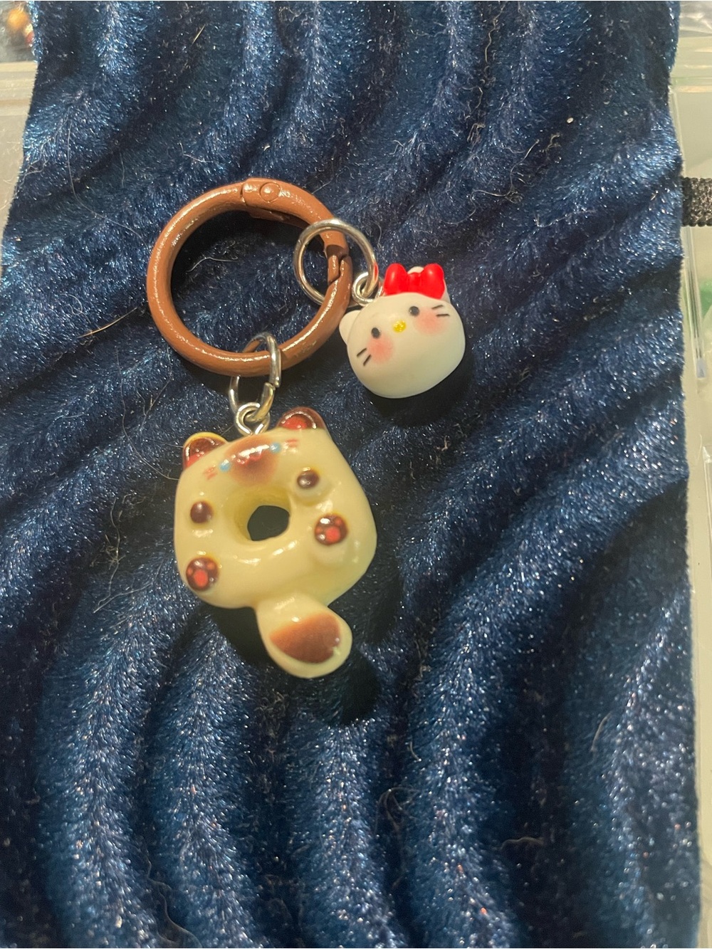 Cute Cat Donut Keychain with Mini Cat Charm - Cream & Red Accents